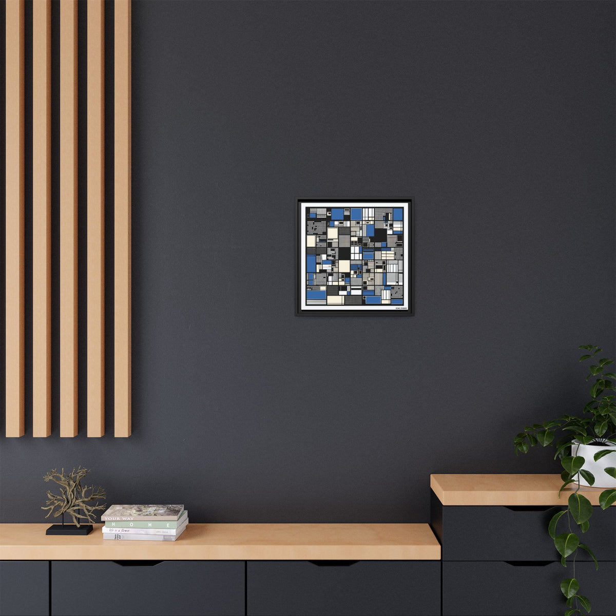 Modern Geometric Abstract Framed Canvas — Blue & Black Grid Art