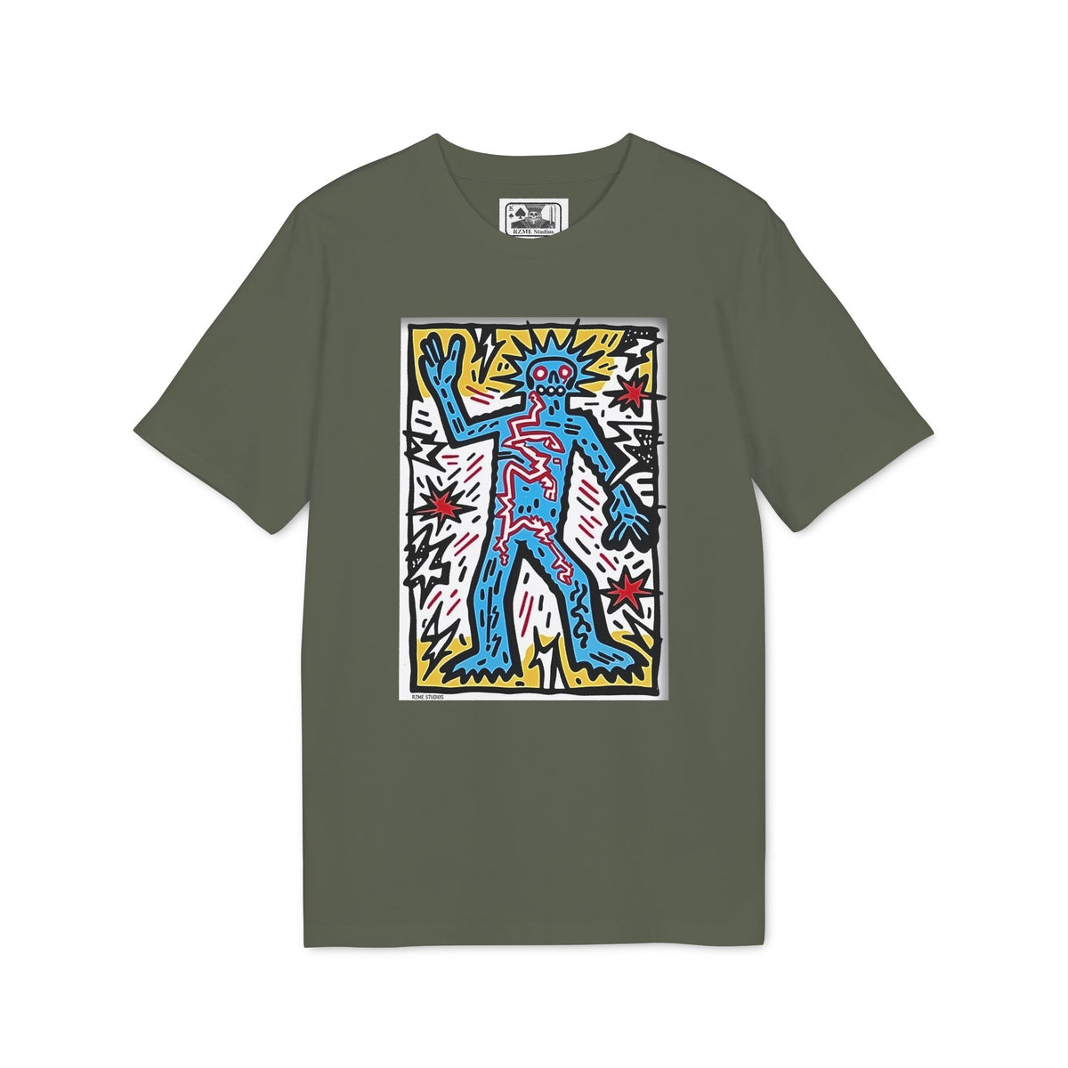 Keith Haring Style Pop Art T‑Shirt — Blue Dancing Figure Graphic Tee