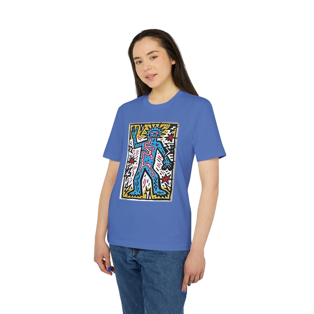 Keith Haring Style Pop Art T‑Shirt — Blue Dancing Figure Graphic Tee