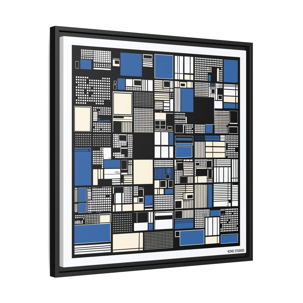 Modern Geometric Abstract Framed Canvas — Blue & Black Grid Art