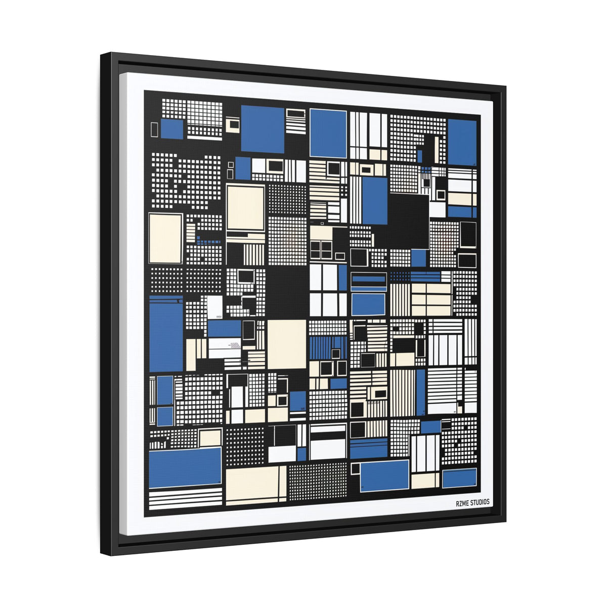 Modern Geometric Abstract Framed Canvas — Blue & Black Grid Art