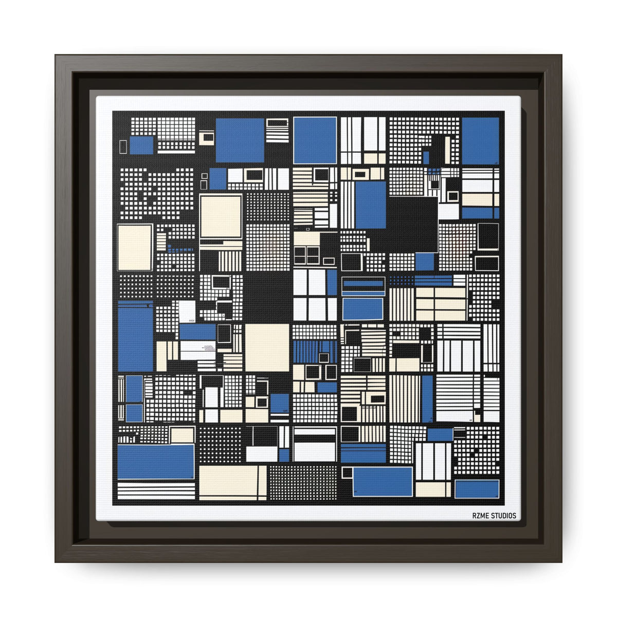 Modern Geometric Abstract Framed Canvas — Blue & Black Grid Art