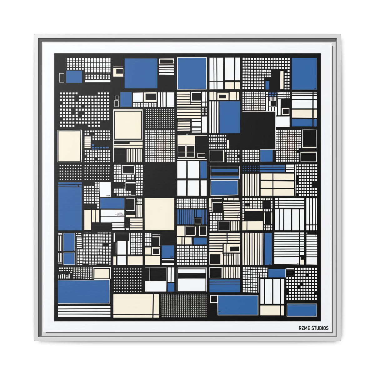 Modern Geometric Abstract Framed Canvas — Blue & Black Grid Art