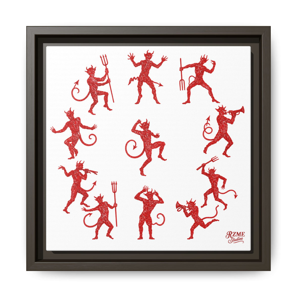 Red Devil Pattern Framed Canvas Art — Playful Halloween Wall Decor