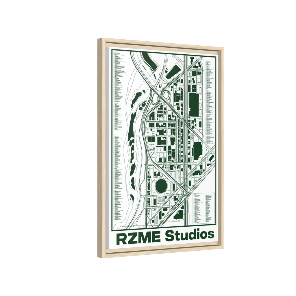 City Map Matte Canvas Framed Print — Minimal Green Urban Map Wall Art