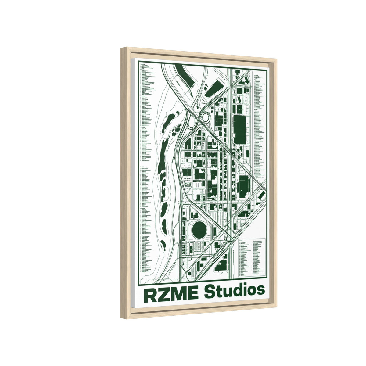City Map Matte Canvas Framed Print — Minimal Green Urban Map Wall Art