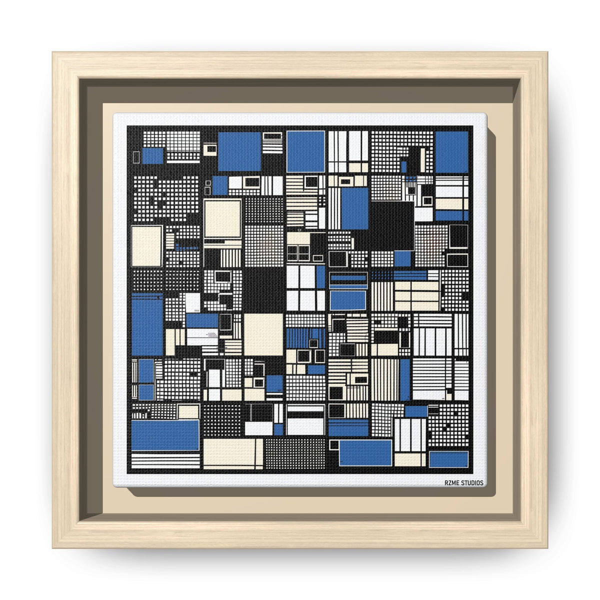 Modern Geometric Abstract Framed Canvas — Blue & Black Grid Art