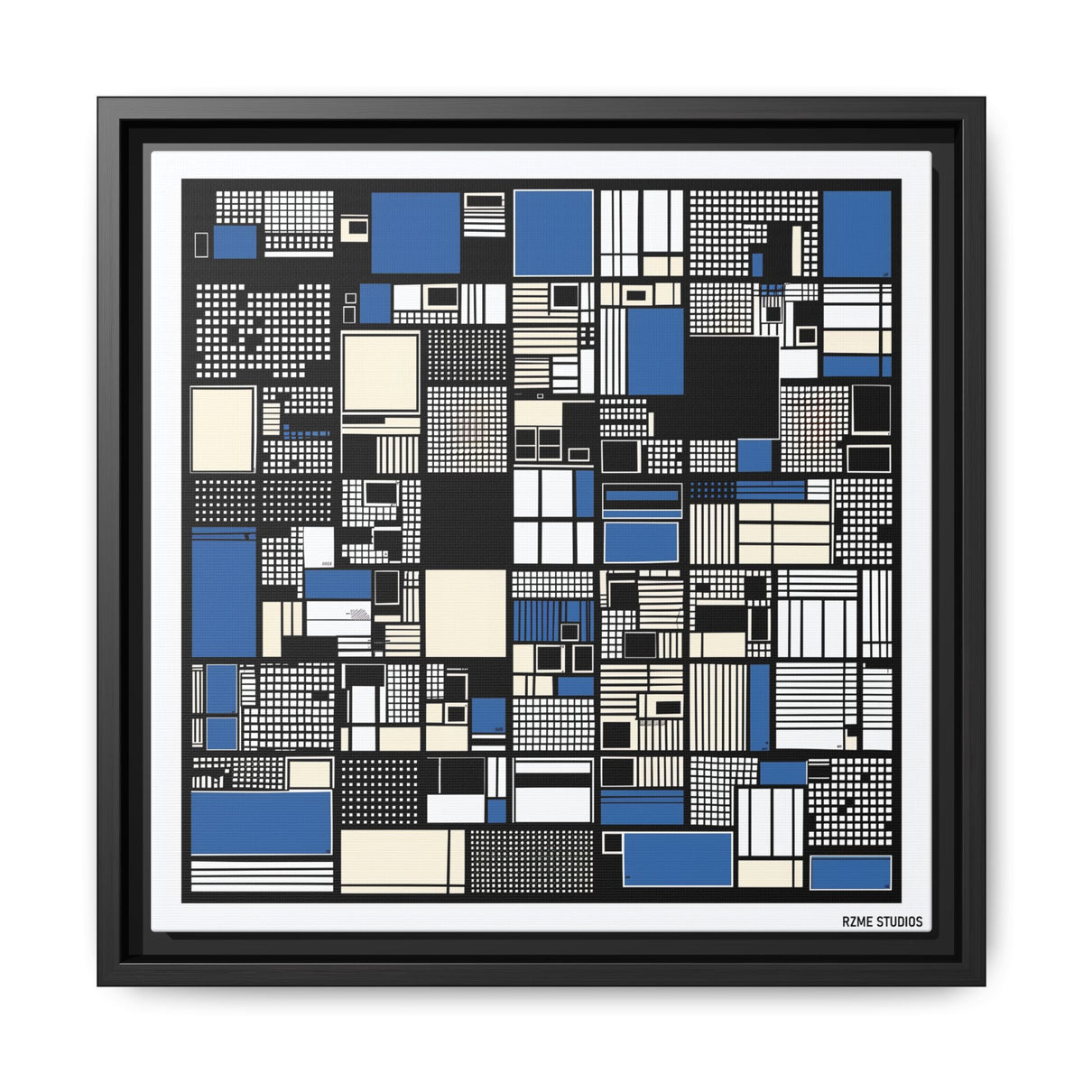 Modern Geometric Abstract Framed Canvas — Blue & Black Grid Art