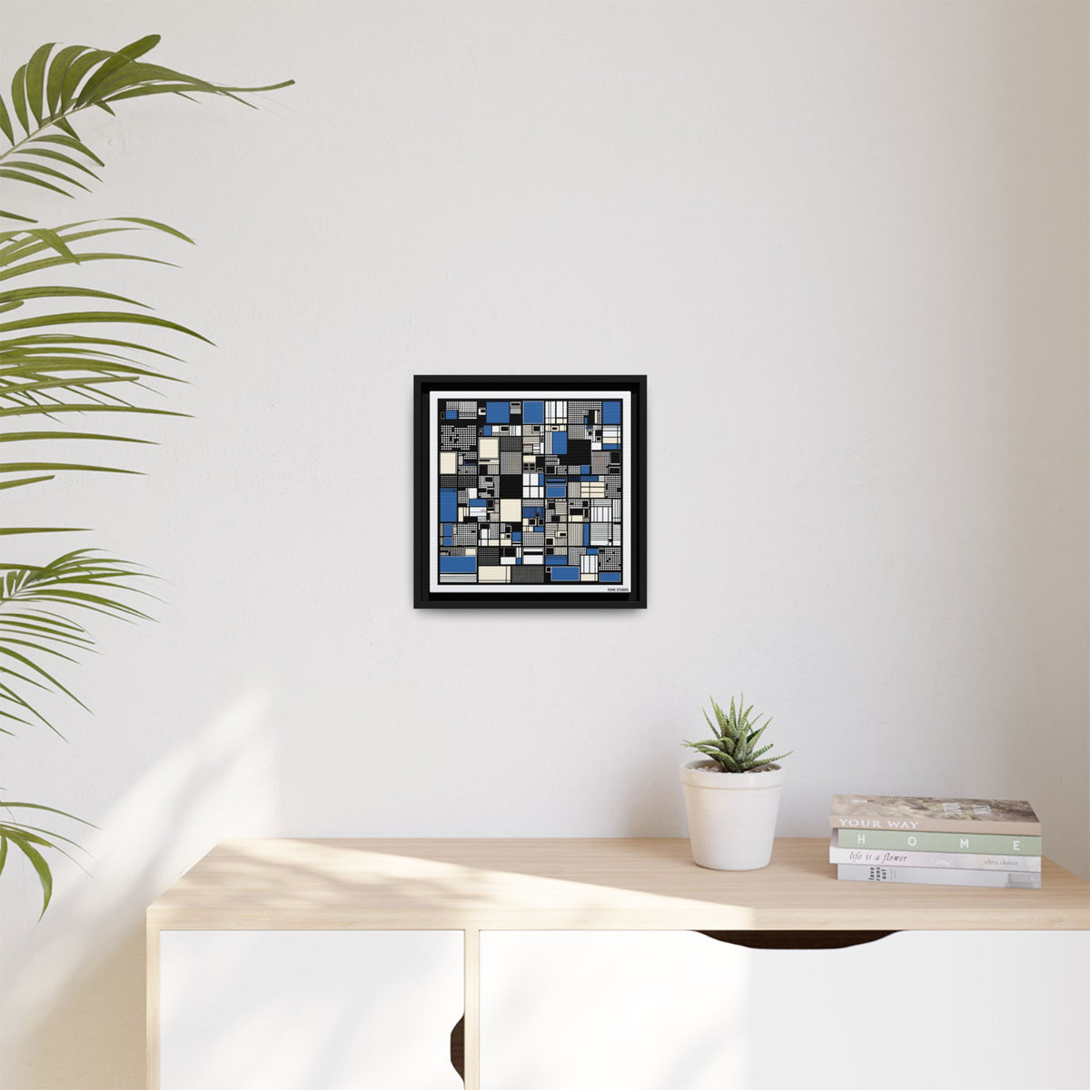Modern Geometric Abstract Framed Canvas — Blue & Black Grid Art