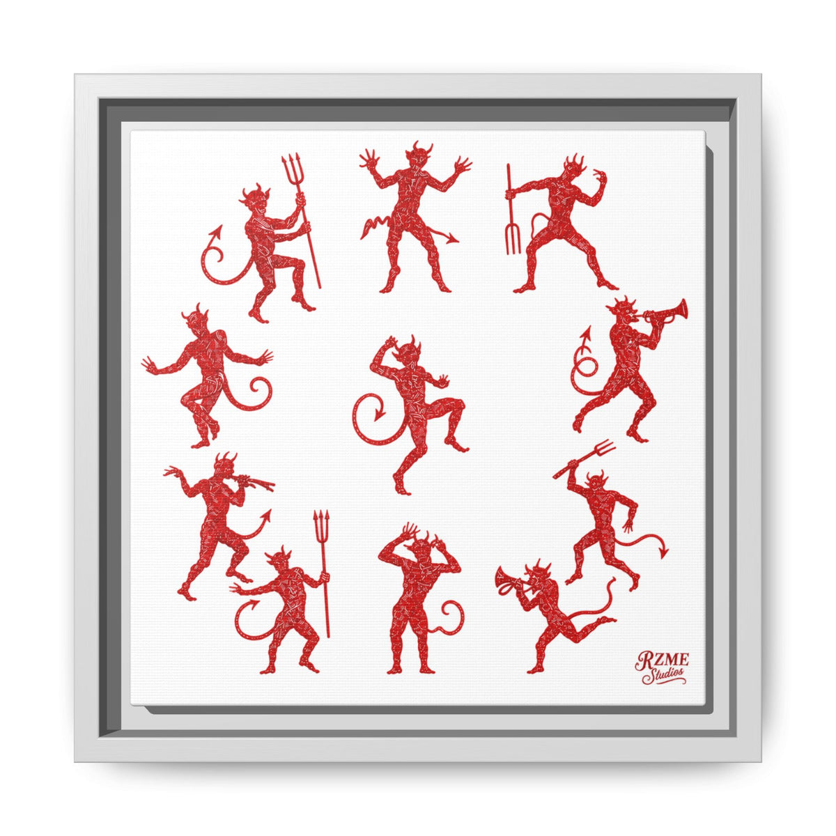Red Devil Pattern Framed Canvas Art — Playful Halloween Wall Decor