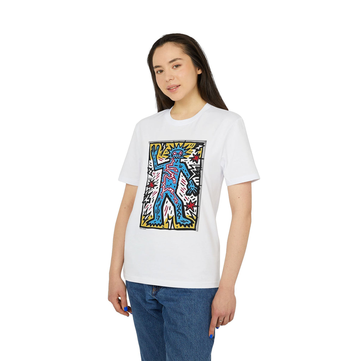 Keith Haring Style Pop Art T‑Shirt — Blue Dancing Figure Graphic Tee