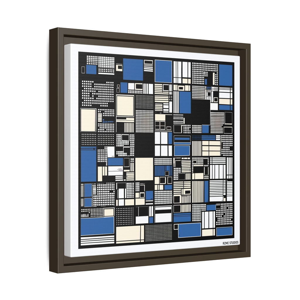 Modern Geometric Abstract Framed Canvas — Blue & Black Grid Art