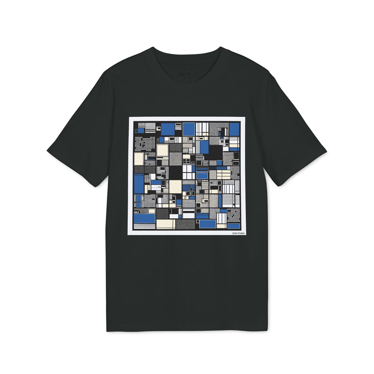Modern Abstract Grid T-Shirt — Blue & Black Geometric Patchwork