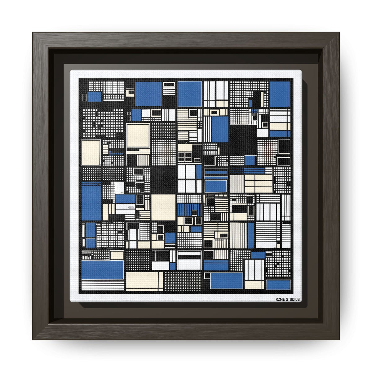 Modern Geometric Abstract Framed Canvas — Blue & Black Grid Art