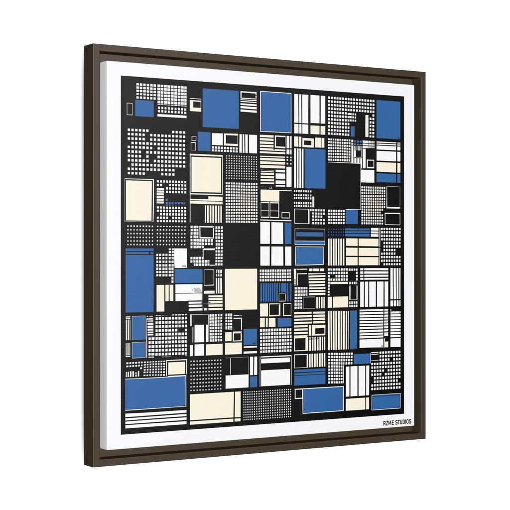 Modern Geometric Abstract Framed Canvas — Blue & Black Grid Art