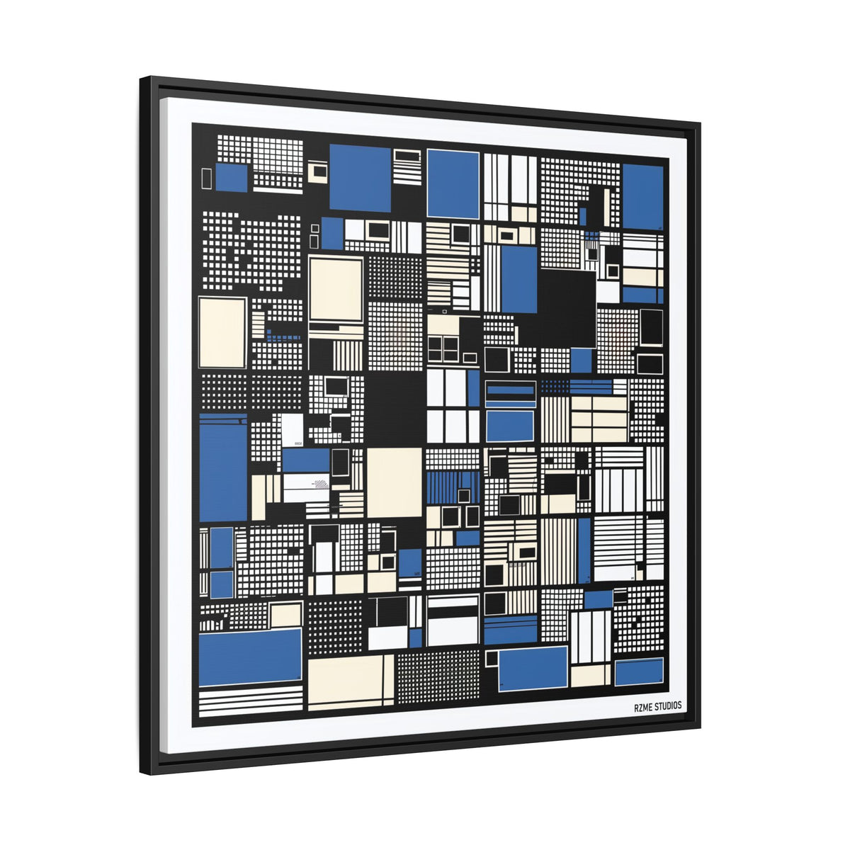 Modern Geometric Abstract Framed Canvas — Blue & Black Grid Art
