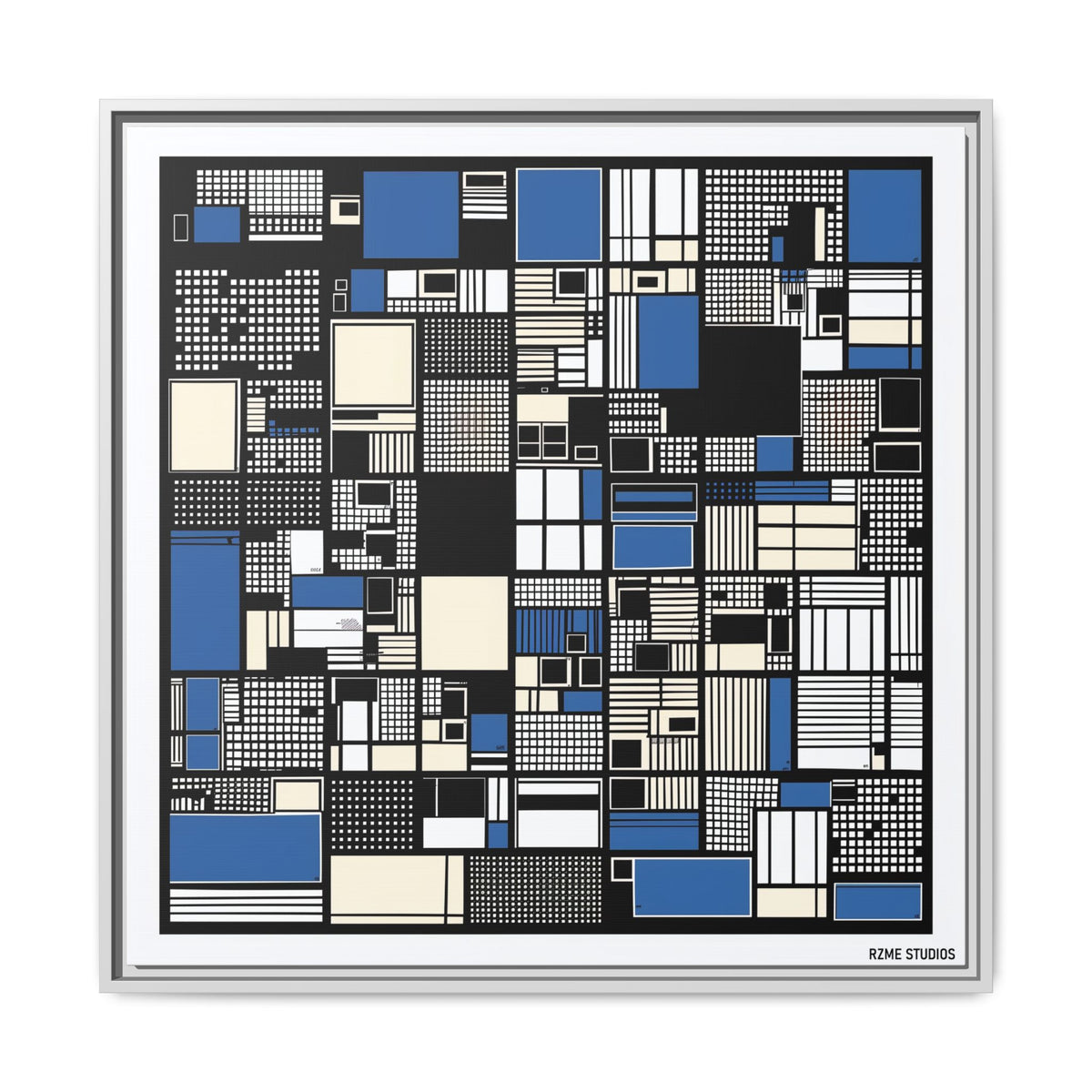 Modern Geometric Abstract Framed Canvas — Blue & Black Grid Art