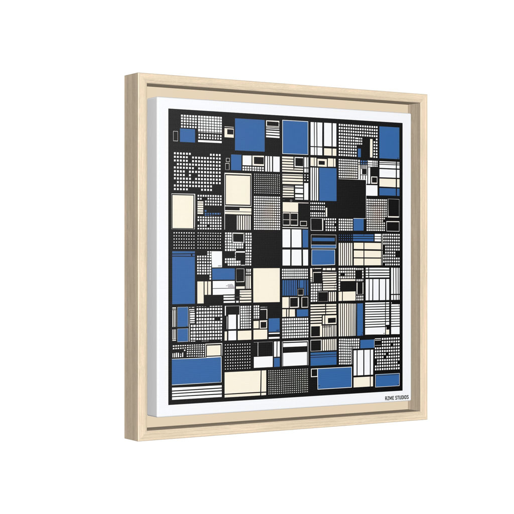 Modern Geometric Abstract Framed Canvas — Blue & Black Grid Art