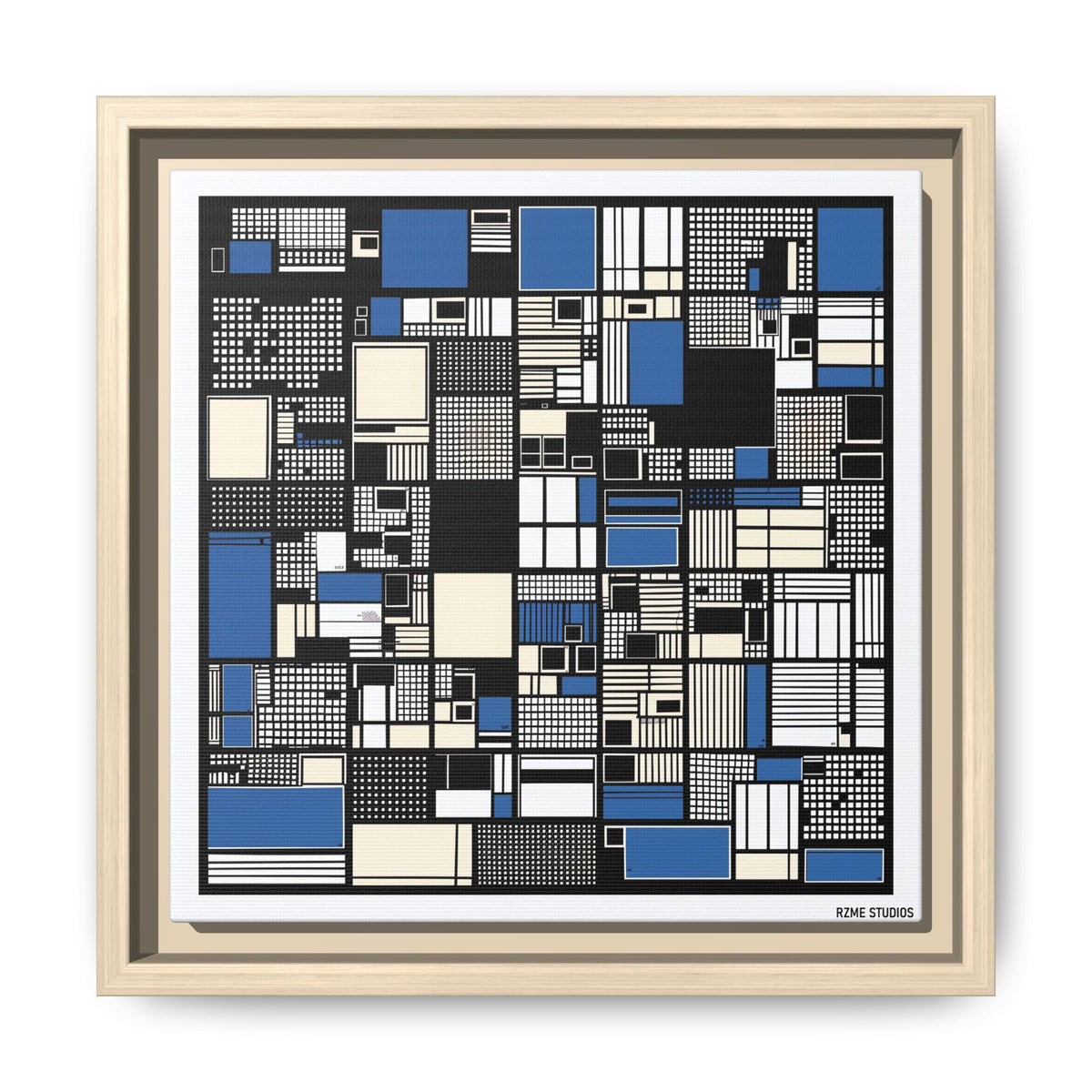 Modern Geometric Abstract Framed Canvas — Blue & Black Grid Art