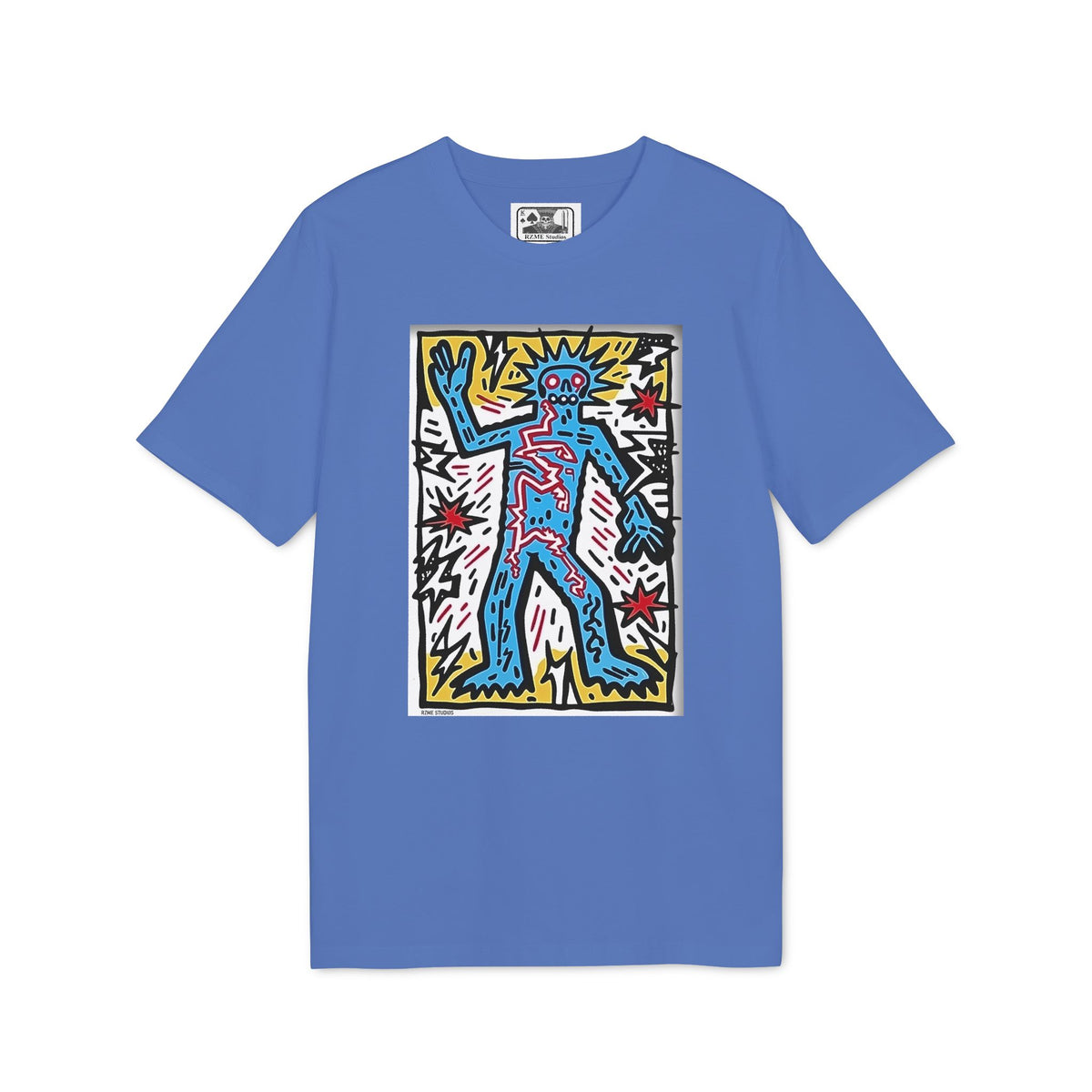 Keith Haring Style Pop Art T‑Shirt — Blue Dancing Figure Graphic Tee