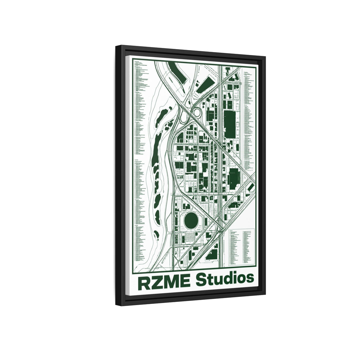 City Map Matte Canvas Framed Print — Minimal Green Urban Map Wall Art