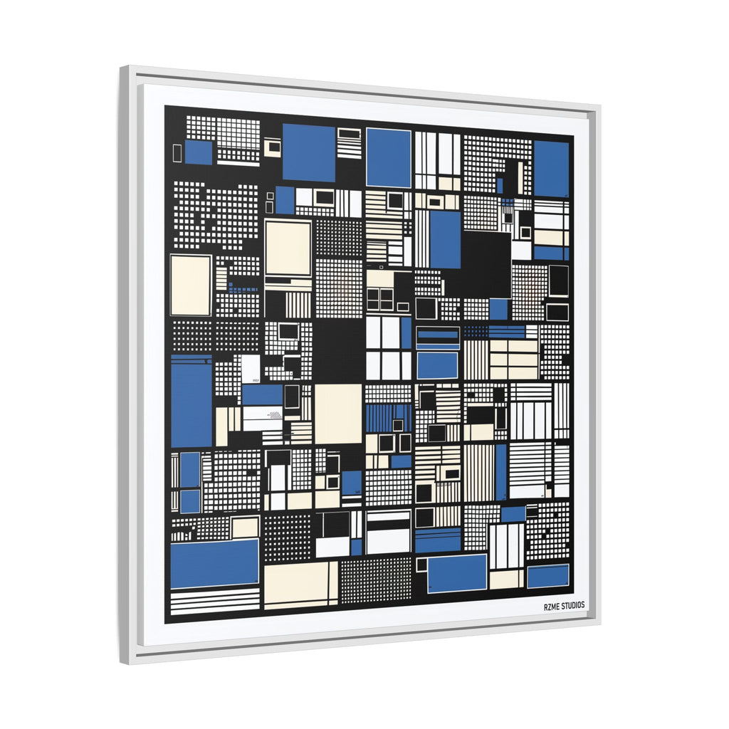 Modern Geometric Abstract Framed Canvas — Blue & Black Grid Art