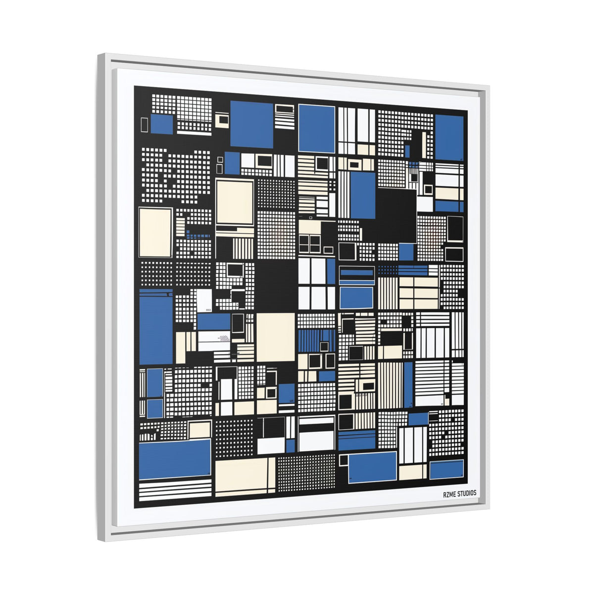 Modern Geometric Abstract Framed Canvas — Blue & Black Grid Art