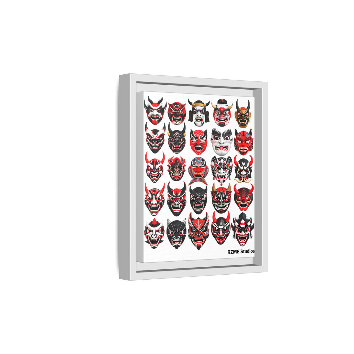 Framed Matte Canvas Print — Japanese Oni Mask Collage (RZME Studios)