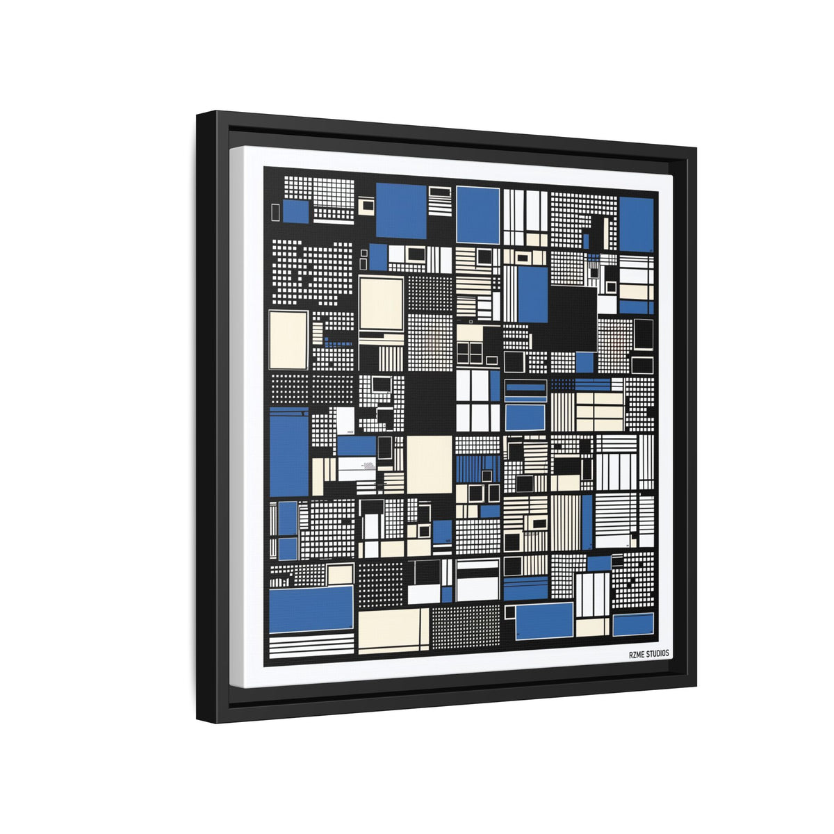 Modern Geometric Abstract Framed Canvas — Blue & Black Grid Art