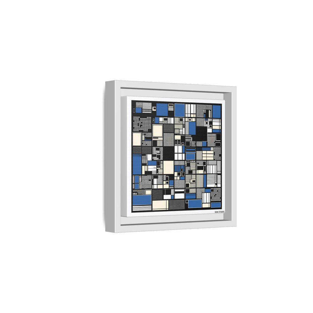 Modern Geometric Abstract Framed Canvas — Blue & Black Grid Art