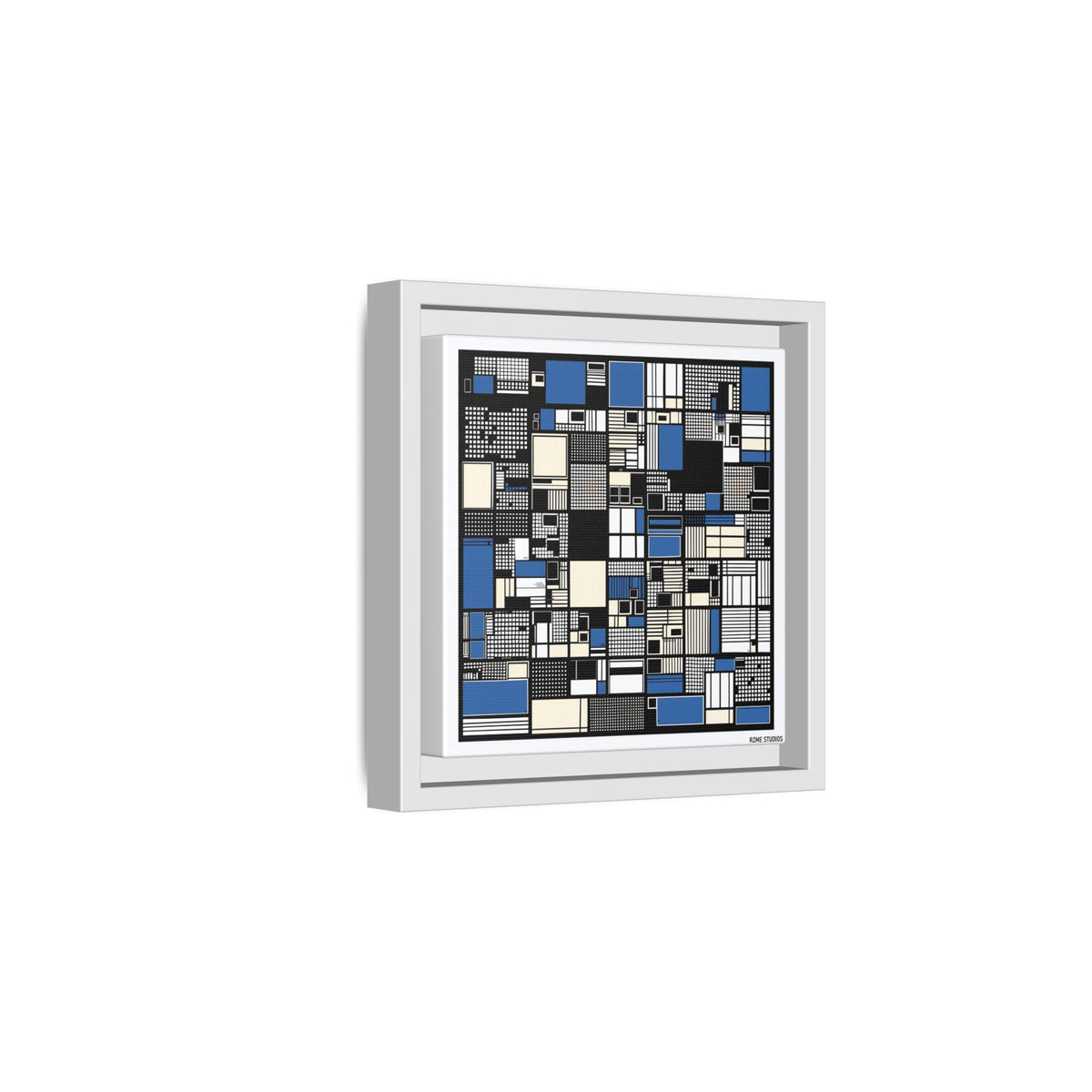 Modern Geometric Abstract Framed Canvas — Blue & Black Grid Art