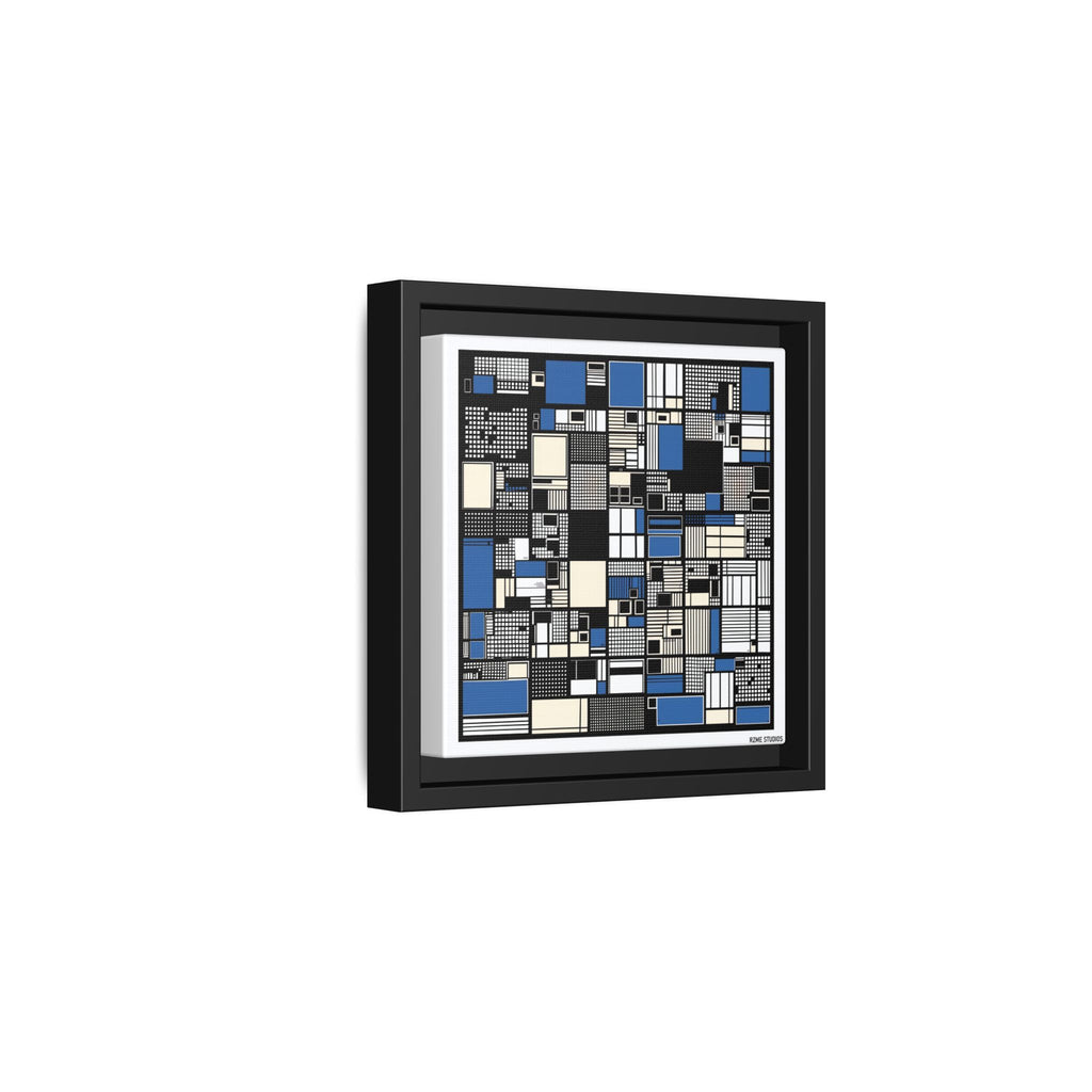 Modern Geometric Abstract Framed Canvas — Blue & Black Grid Art