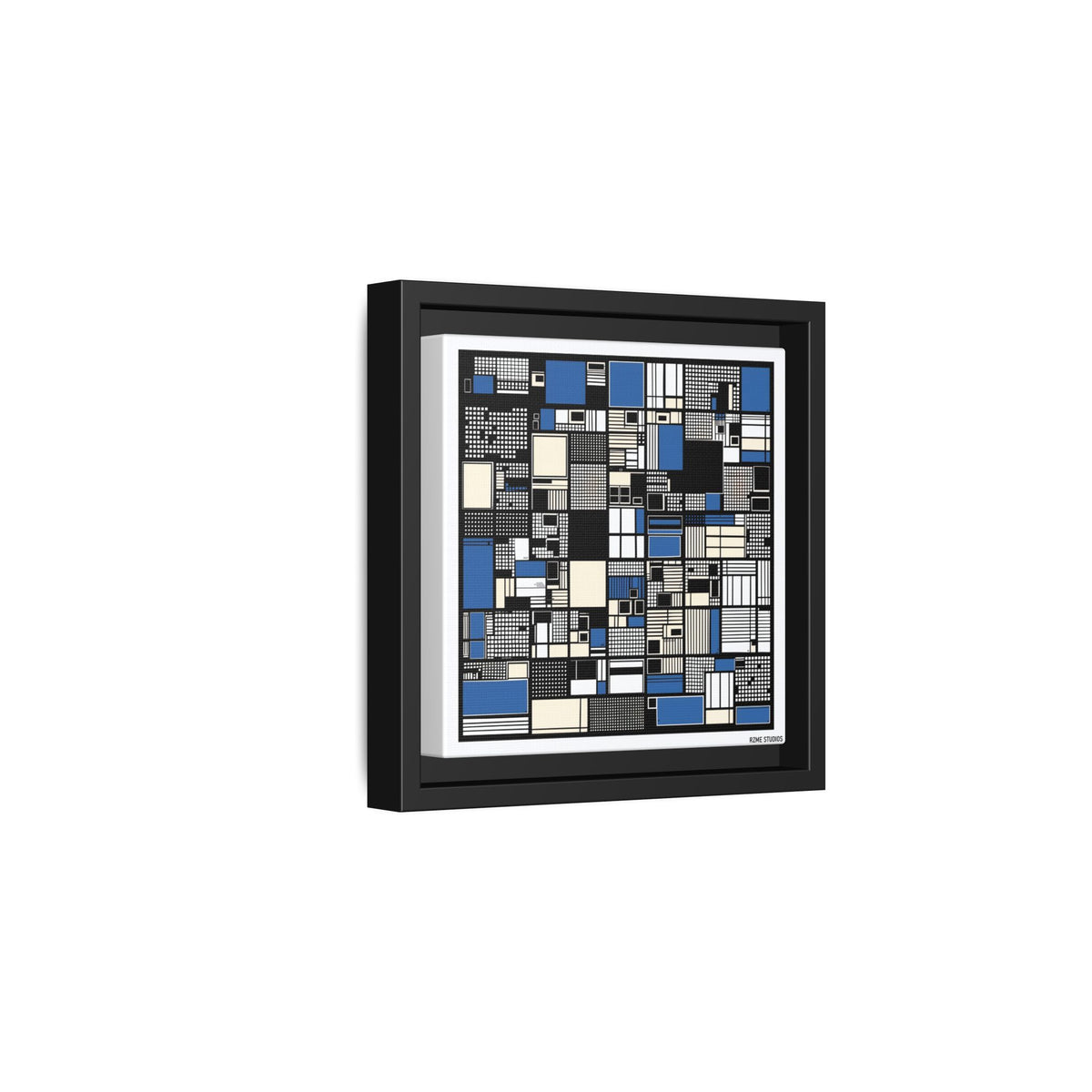 Modern Geometric Abstract Framed Canvas — Blue & Black Grid Art