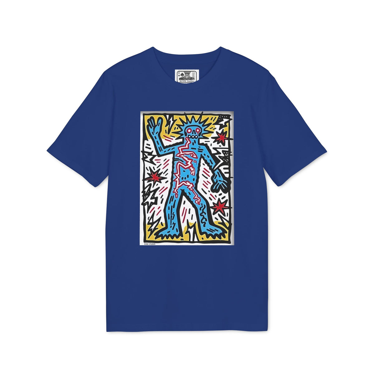 Keith Haring Style Pop Art T‑Shirt — Blue Dancing Figure Graphic Tee
