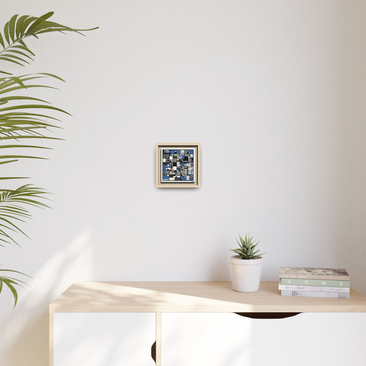 Modern Geometric Abstract Framed Canvas — Blue & Black Grid Art