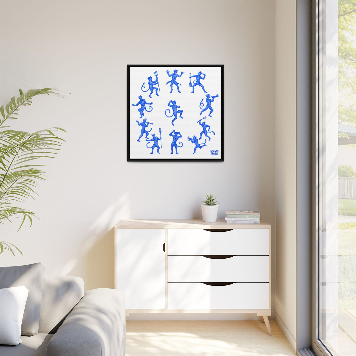 Blue Devil Pattern Matte Framed Canvas Art