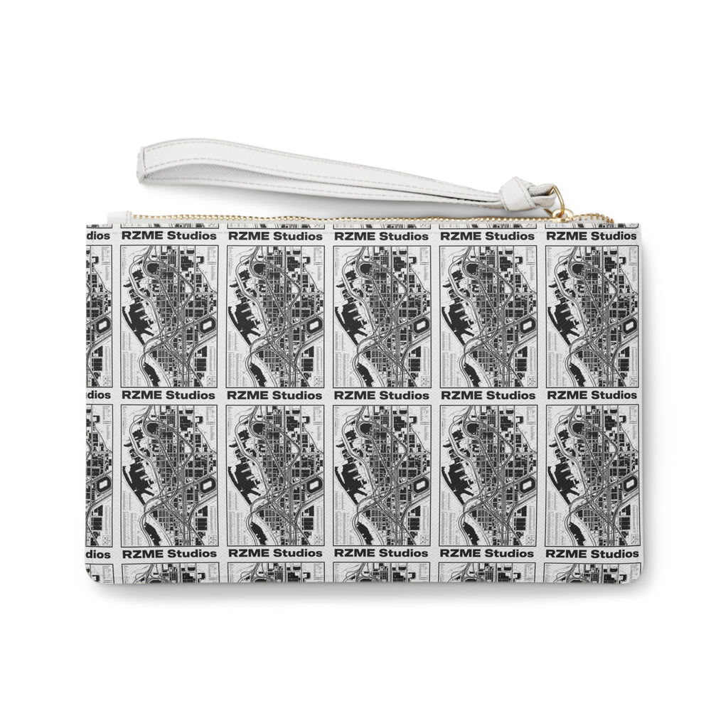 Clutch Bag — Monochrome Vintage Map Pattern Wristlet (RZME Studios)