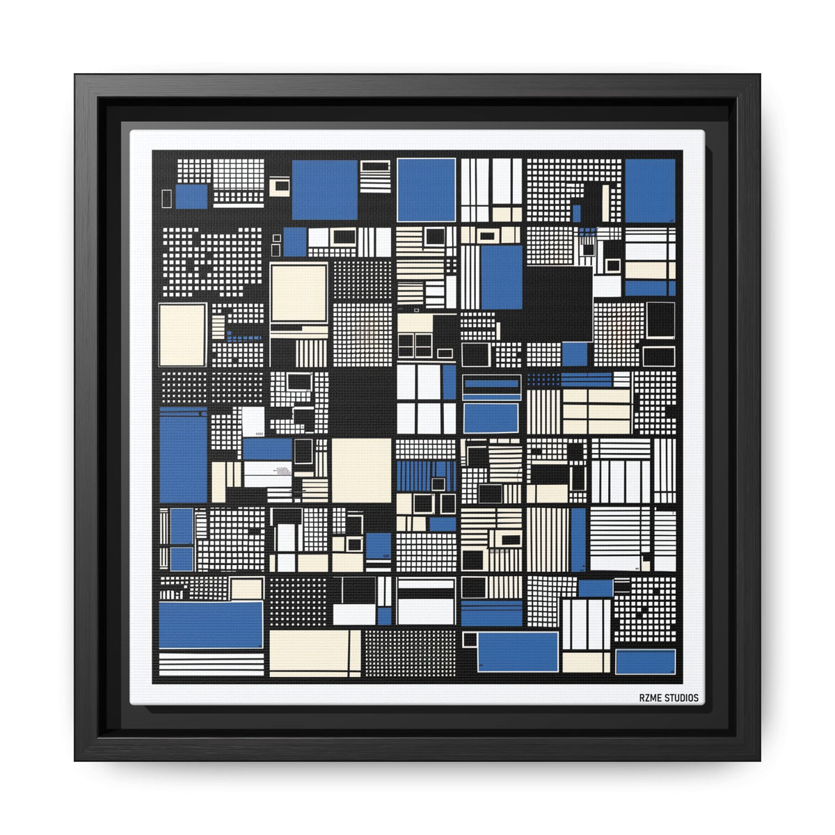 Modern Geometric Abstract Framed Canvas — Blue & Black Grid Art