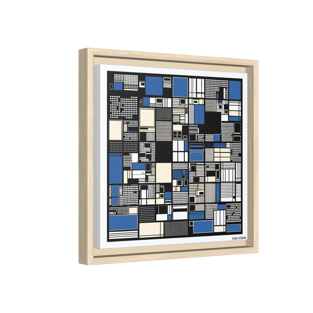 Modern Geometric Abstract Framed Canvas — Blue & Black Grid Art