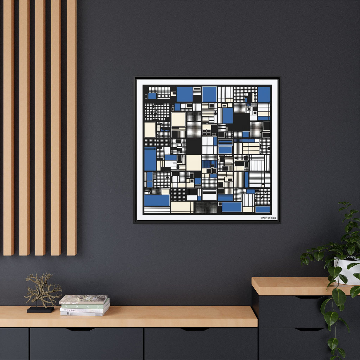 Modern Geometric Abstract Framed Canvas — Blue & Black Grid Art