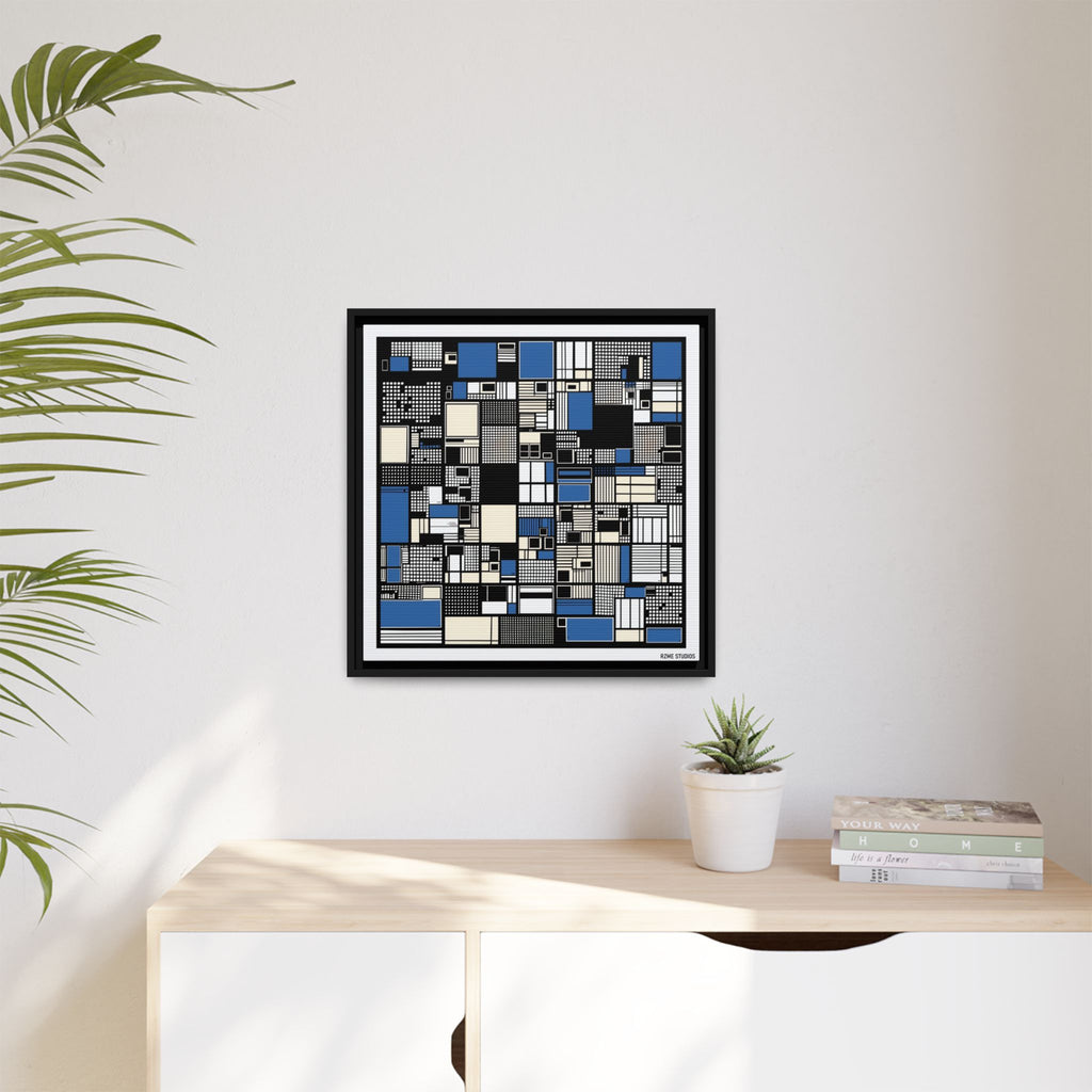 Modern Geometric Abstract Framed Canvas — Blue & Black Grid Art