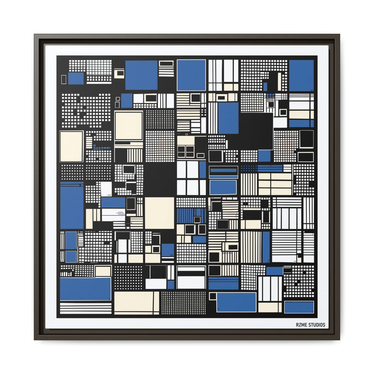 Modern Geometric Abstract Framed Canvas — Blue & Black Grid Art