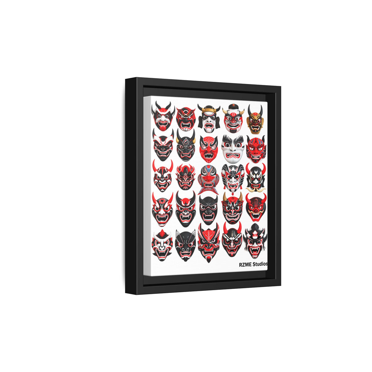Framed Matte Canvas Print — Japanese Oni Mask Collage (RZME Studios)