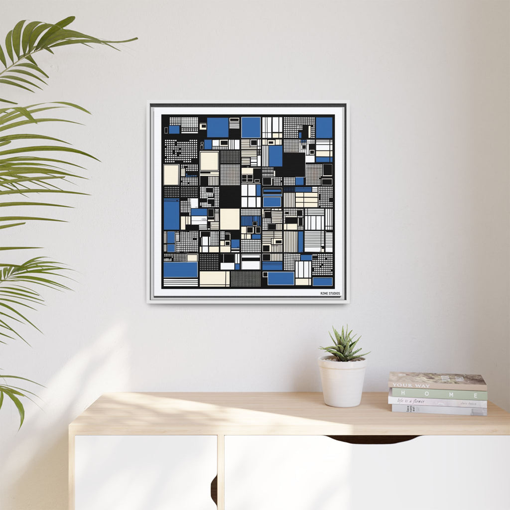 Modern Geometric Abstract Framed Canvas — Blue & Black Grid Art